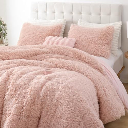 Smoofy Fluffy King Size Comforter Set, Blush Pink Faux Fur Comforter 3 Pcs