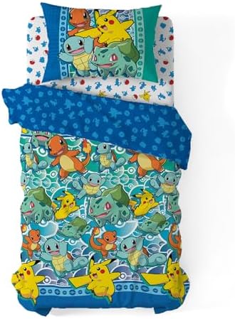 Northwest Pokemon First Starters Twin Size Bed in a Bag Set, Pikachu Charmander Squirtle Bulbasaur, Kids Boys Girls Bedding Comforter Sheets