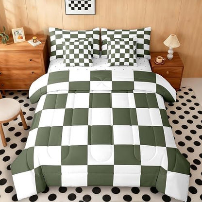 jejeloiu Green and White Comforter Set with Sheets 7 Piece Full Size