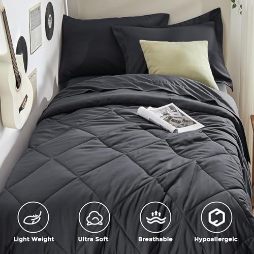 HEVUMYI 5-Piece Twin Comforter Set, Dark Gray Bed in a Bag