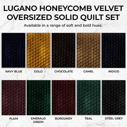 Tribeca Living Lugano Oversized Velvet Quilt Set - All Season, Extra Large, 2 Piece Twin Size Comforter Set with 1 Pillow Sham in Teal Honeycomb Pattern 260GSM