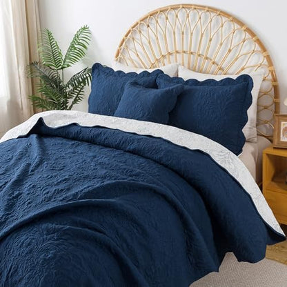 HoneiLife Quilt Sets King Size - Microfiber Bedspreads for King Bed, 3-Piece Lightweight Coverlets, Retro Bed Cover King Quilt Bedding Set All Season Quilts-Navy