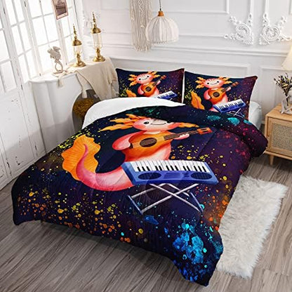 HOSIMA Kids Bedding Set for Bedroom Decor-Under Colorful Background Cute Cartoon Axolotl Comforter with 2 Pillowcases.