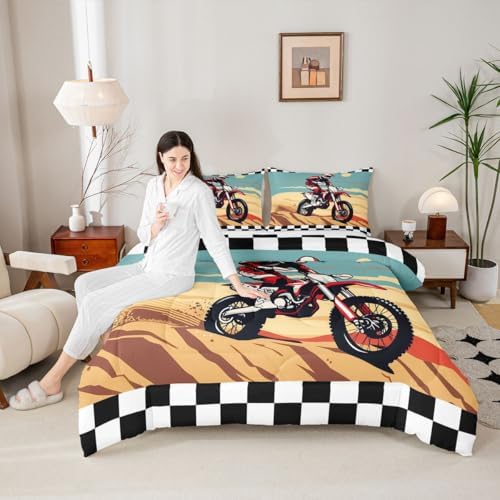Feelyou Desert Dirt Bike Comforter Set Motocross Rider Bedding Set with 1 Pillow Cases Checkered Flag Twin Off-Road Racing Design Room Decor Outdoor Sports Duvet Quilt Breathable Soft Lightweight