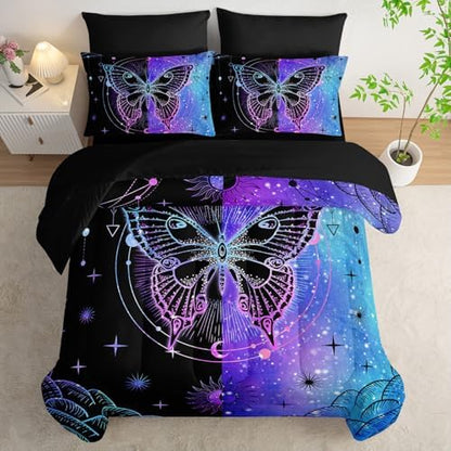 7Pcs Animals Comforter Set 3D Black Blue Butterfly Printed Bedding Set with 1 Comforter, 1 Flat Sheet, 1 Fitted Sheet and 4 Pillowcases for Boys and Girls Bedroom (Butterfly-4 Full