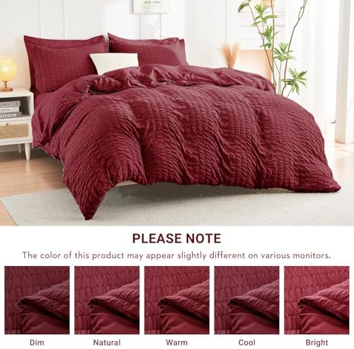 HYMOKEGE Burgundy Oversized Queen Comforter Set Seersucker 7 Pieces, All Season Luxury Bed in a Bag for Bedroom, Bedding Set with Comforter, Sheets, Pillowcases & Shams