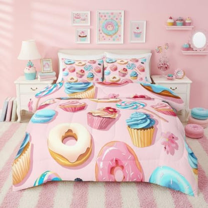 Homewish Donuts Comforter Set Full Size,Cake Sweets Bedding Sets 3pcs for Kids Girls Teens Room Decor,Cartoon Desserts Themed Duvet Insert Sets Pink Gourmet Quilted Duvet Set with 2 Pillowcases