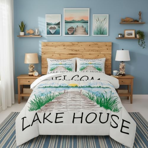Lake House Comforter Set Full Size Rustic Farmhouse Bedding Set for Kids Adults Women Teens Cabin Home Room Decor Watercolor Lake Mountain Scenery Quilted Duvet Retro Plaid Print Duvet Insert 3pcs
