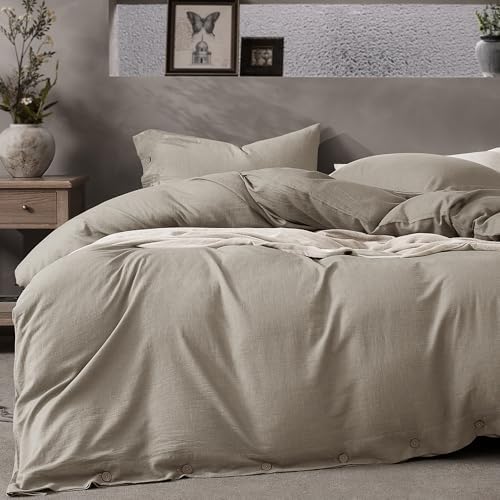 JELLYMONI Cotton Duvet Cover Twin Size - Taupe Fall Comforter Cover with Button 100% Washed Cotton 2PCS Breathable Soft Solid Bedding Set Duvet Cover 68×90in & 1 Pillowcases (NO Comforter)