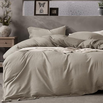 JELLYMONI Cotton Duvet Cover Twin Size - Taupe Fall Comforter Cover with Button 100% Washed Cotton 2PCS Breathable Soft Solid Bedding Set Duvet Cover 68×90in & 1 Pillowcases (NO Comforter)