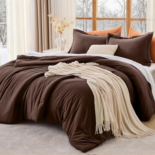MUXHOMO California King Comforter Set, All Season Ultra Soft Down Alternative Bedding - 3 Piece Lightweight Bed Set Includes 1 Comforter (104"x96") and 2 Pillow Shams (20"x36"), Dark Brown