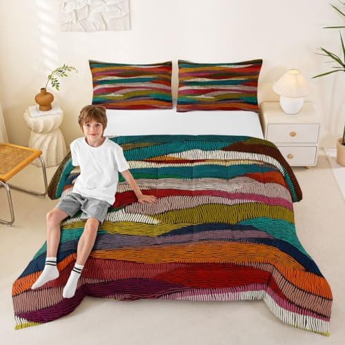 Castle Fairy Boho Wavy Kids Comforter Set,Rainbow Embroidered Waves Bedding Set All Season,Tribal Ethnic Geometric Comforter 2 Pcs with 1 Pillowcase,Toddler Size