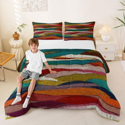 Castle Fairy Boho Wavy Kids Comforter Set,Rainbow Embroidered Waves Bedding Set All Season,Tribal Ethnic Geometric Comforter 2 Pcs with 1 Pillowcase,Toddler Size