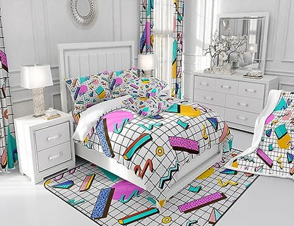 Manfei Memphis Comforter Set Queen Size, Retro 80s or 90s Geometric Fashion Style Quilt Set with 2 Pillowcases, Vintage Hip Hop Bedding Set 3pcs for Kids Boy Girls Lightweight Duvet Insert
