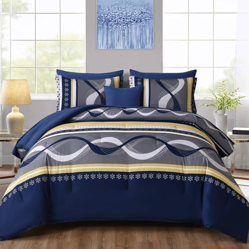 Anibedding Navy Blue Comforter Set King Size,8 Pieces Striped Bed in a Bag