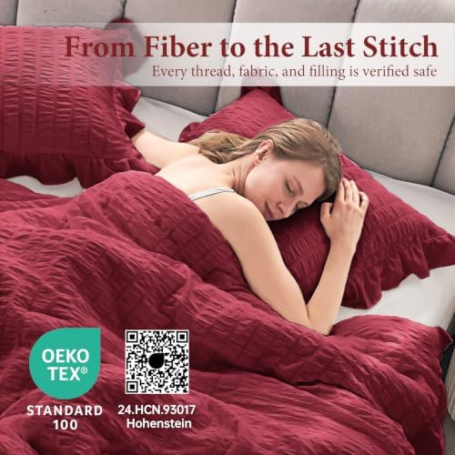 JOLLYVOGUE Burgundy Twin/Twin XL Comforter Set, 2 Pieces Seersucker Lightweight Fluffy Bedding Set, Twin Ruffle Comforter, All Season Soft Microfiber Shabby Chic Bed Set