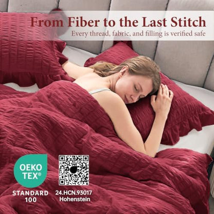 JOLLYVOGUE King Size Comforter Set, 3 Pieces Burgundy Seersucker Comforters King Size, Lightweight & Fluffy Bedding Sets King for All Season with 1 Ruffle Comforter and 2 Ruffle Pillowshams