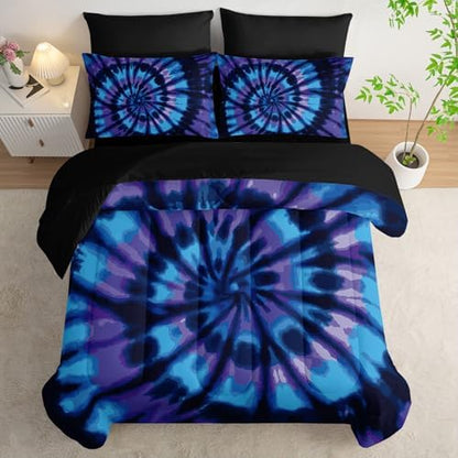 7Pcs Tie Dye Comforter Set Blue Spiral Printed Bedding Set with 1 Comforter, 1 Flat Sheet, 1 Fitted Sheet and 4 Pillowcases for Boys and Girls Bedroom (Spiral King