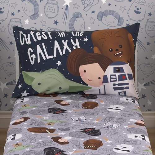 Star Wars Welcome to the Galaxy Navy and Gray Yoda, Princess Leia, R2-D2, and Chewbacca 2 Piece Toddler Sheet Set - Fitted Bottom Sheet and Reversible Pillowcase