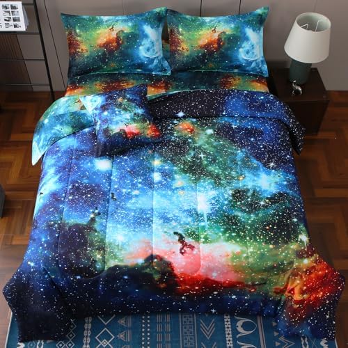 JQinHome Queen Galaxy Comforter Sets 6 Piece Bed in A Bag, Outer Space Themed Bedding for Children Boy Girl Teen Kids,1 Comforter, 1 Flat Sheet, 1 Fitted Sheet, 2 Pillowshams, 1 Cushion Cover(Blue)
