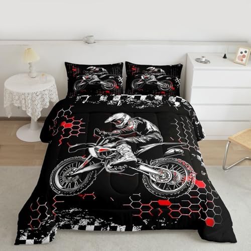 Castle Fairy Dirt Bike Twin Size Comforter Set for All Seasons,Extreme Sports Racing Car Bedding Set Teens Bedroom Decor,Red Geometric Honeycomb Comforter Inner Fill with 1 Pillowcase