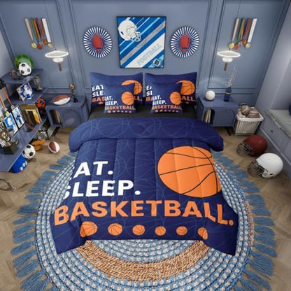 Erosebridal Boys Basketball Orange Navy Blue King 7-Piece Comforter Set | Ball Gaming Sheets and Pillowcases Sports Kids Teens Bed in A Bag Men Bed Sets