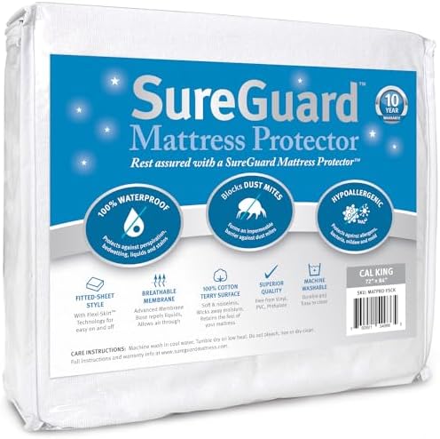 SureGuard California King Mattress Protector - 100% Waterproof, Hypoallergenic - Premium Fitted Cotton Terry Cover
