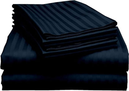 Mattress-Homes Ultra-Soft Breathable, Hotel Luxury Collection, Split King Size 7 Piece Crisp Sheet Set, 100% Egyptian Cotton, Extra Deep Pocket Upto 21", Machine Washable Sheets in Navy Blue Stripe