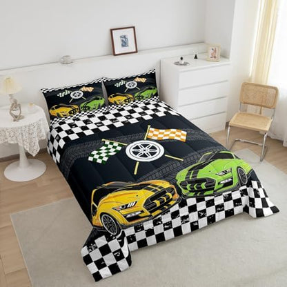 Castle Fairy Sports Car Comforter Set,Yellow and Green Bedding Set for Kids Girls Women,Adults Black and White Square Comforter,Extreme Sports Quilted Duvet Set Bedroom Collection Twin Size 2Pcs