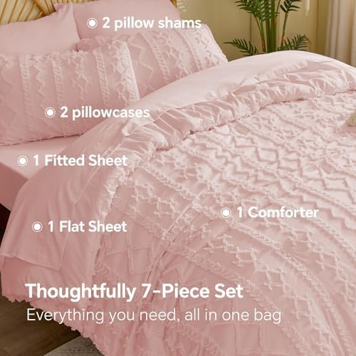 BEDELITE Queen Comforter Set 7 Pieces,Boho Bed in a Bag,Pink