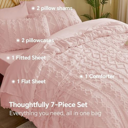 BEDELITE Queen Comforter Set 7 Pieces,Boho Bed in a Bag,Pink