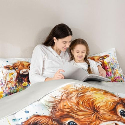 jejeloiu Cute Cow Comforter Set Highland Cattle Bedding Set Twin Size 2 Pcs