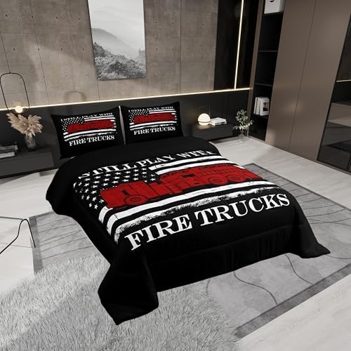 Fire Fighting Truck Comforter for Boys Kids,American Flag Comforter Set Queen Size Home Decor,Soft Firefighter Bedding Set,Red Black White Teens Bedroom Down Duvet,1 Comforter with 2 Pillowcases