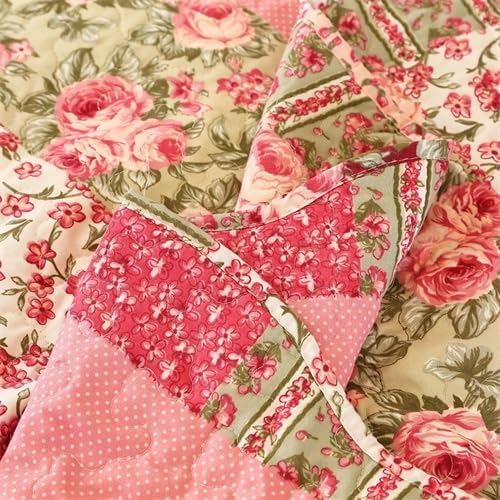 Cmfshape Summer Floral Queen Quilted Bedspread,Romantic Pink Quilt Set Full,Reversible Stitched Bedding Set All Season,Soft Lightweight Coverlet with Pillow Cases (Hot Pink&Rose, Queen90 x90)