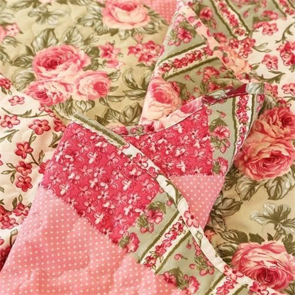 Cmfshape Summer Floral Queen Quilted Bedspread,Romantic Pink Quilt Set Full,Reversible Stitched Bedding Set All Season,Soft Lightweight Coverlet with Pillow Cases (Hot Pink&Rose, Queen90 x90)