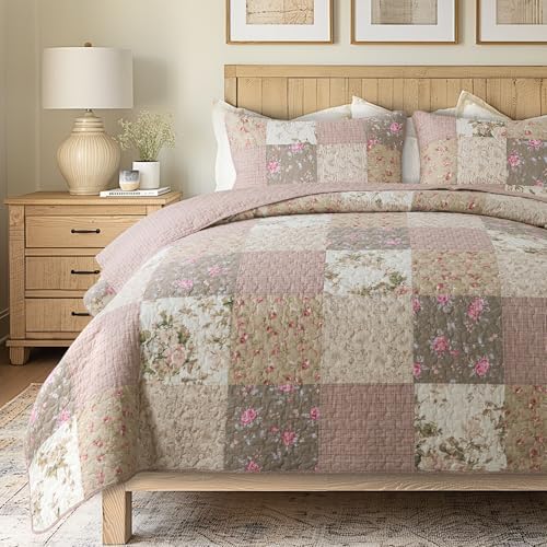 SLPR - Secret Garden Pink Patchwork Cotton Quilt Set, King with 2 Shams