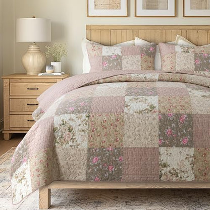 SLPR - Secret Garden Pink Patchwork Cotton Quilt Set, King with 2 Shams