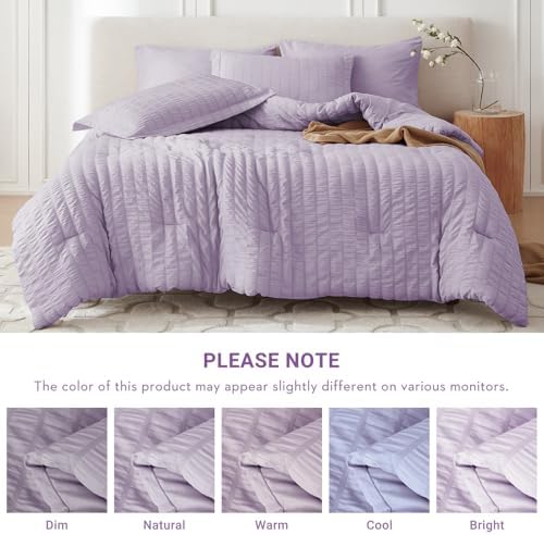MUXHOMO 5 Pieces Twin XL Comforter Set, Seersucker Bed in a Bag Twin XL Size, All Season Luxury Bedding Set with Comforter, Flat Sheet, Fitted Sheet, Pillowcase & Sham, Lavender