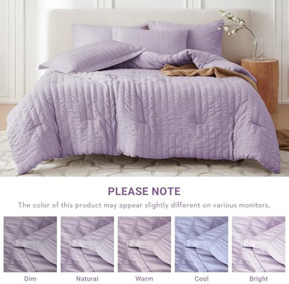 MUXHOMO 5 Pieces Twin XL Comforter Set, Seersucker Bed in a Bag Twin XL Size, All Season Luxury Bedding Set with Comforter, Flat Sheet, Fitted Sheet, Pillowcase & Sham, Lavender
