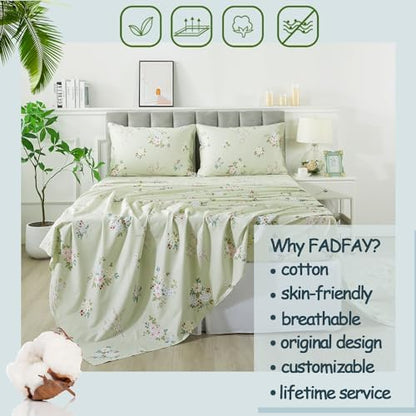 FADFAY Full Sheets Floral Bed Sheets Percale Cotton Shabby Vintage Chic Rose Deep Pocket Sheets Sage Green Flower Printed Luxury Bedding Super Soft Breathable for Full Size Bed 4 Pcs, Full Size