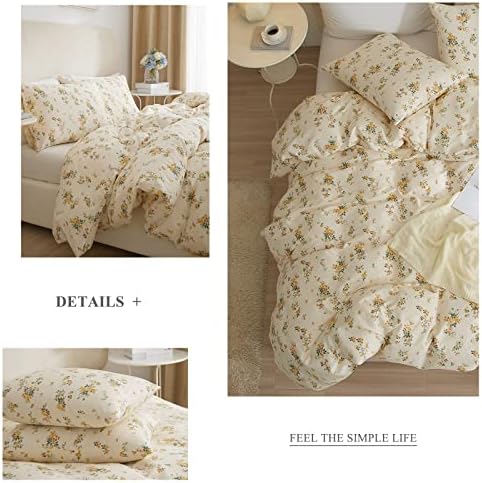VM VOUGEMARKET Botanical Duvet Cover Set Twin,Cottagecore Yellow Flowers Duvet Cover with 2 Pillowcases,100% Cotton Bedding Set,Chic Garden Floral Comforter Cover for Girls 68x86