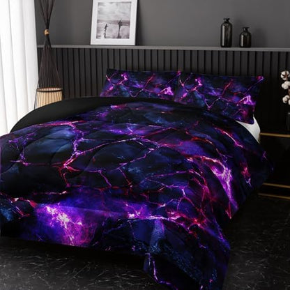 Nttopship Purple Comforter Set Queen Size，Purple Marble Bedding Set 3 Pcs Bedding for Adults,Violet Marble Room Decor with Soft and Lightweight Comforter and 2 Pillowcases