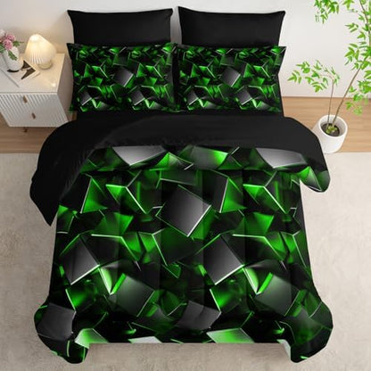 Nttopship Black and Green Geometric Comforter Set King Size 7PCS,Abstract Triangular Printed Bedding Set for Adults,Geometric Mordern Art Decor All Seasons with Pillowcases,Flat, Fitted Sheet