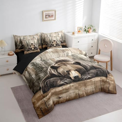 Erosebridal 7 Pcs Grizzly Bear Bedding Set Full Hunting Wild Animal Comforter Set Rustic Farmhouse Cabin Bed in a Bag Western Country Quilt with Flat Fitted Sheet Vintage Forest Wildlife Room Decor