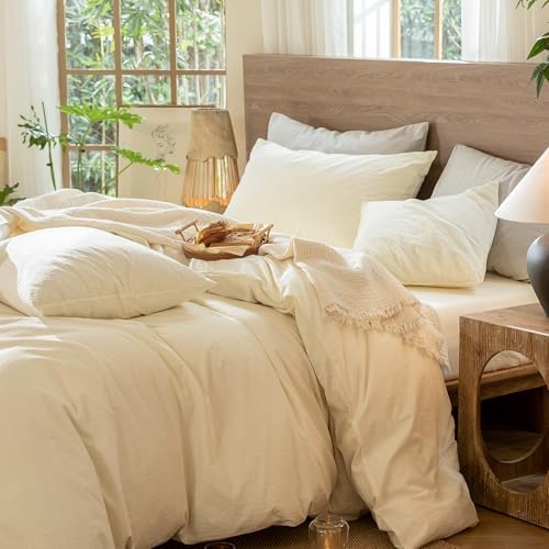 MooMee Wavy Striped Duvet Cover Set 100% Washed Cotton Linen Like Textured Breathable Durable Soft Comfy (Cream White, Twin 68"x90")