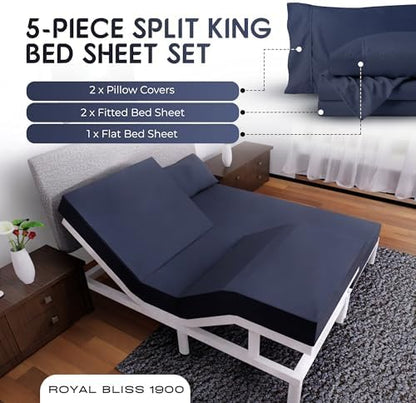 Split King Sheets Set with 2 Twin XL Fitted Sheet - 5 Piece Bedding - Wrinkle Free, Fade Resistant, Double Brushed Microfiber - Deep Pockets/Easy Fit (Navy Blue)