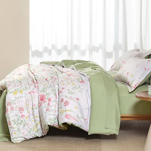 7 Piece Sage Green Floral Comforter Set Queen Size Bed in a Bag Cottagecore