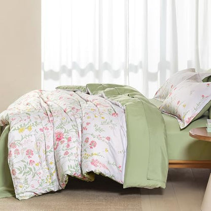 7 Piece Sage Green Floral Comforter Set Queen Size Bed in a Bag Cottagecore
