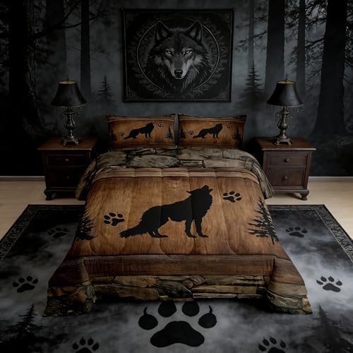 Manfei Wolf Kids Comforter Set Twin Size, Wild Animal Down Comforter, Rustic Farmhosue Brown Wooden Plank Bedding Set for Boys Teens Adults Room Decor, Lightweight Duvet Insert, 1 Pillowcase