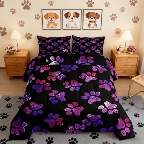 Manfei Dog Lover Comforter Set Full Size Watercolor Dog Paw Print Duvet Insert Animal Theme Bedding Set 3pcs for Kids Boys Girls Room Decor Luxury Polyester Black Quilted Duvet with 2 Pillowcases